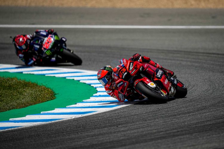 Hight speed chess match for the win in MotoGP round six at Jerez with eventual victor Pecco Bagnaia on the works Lenovo Ducati leading the factory Monster Yamaha of World Champ Fabio Quartararo. CREDIT Ducati Media House